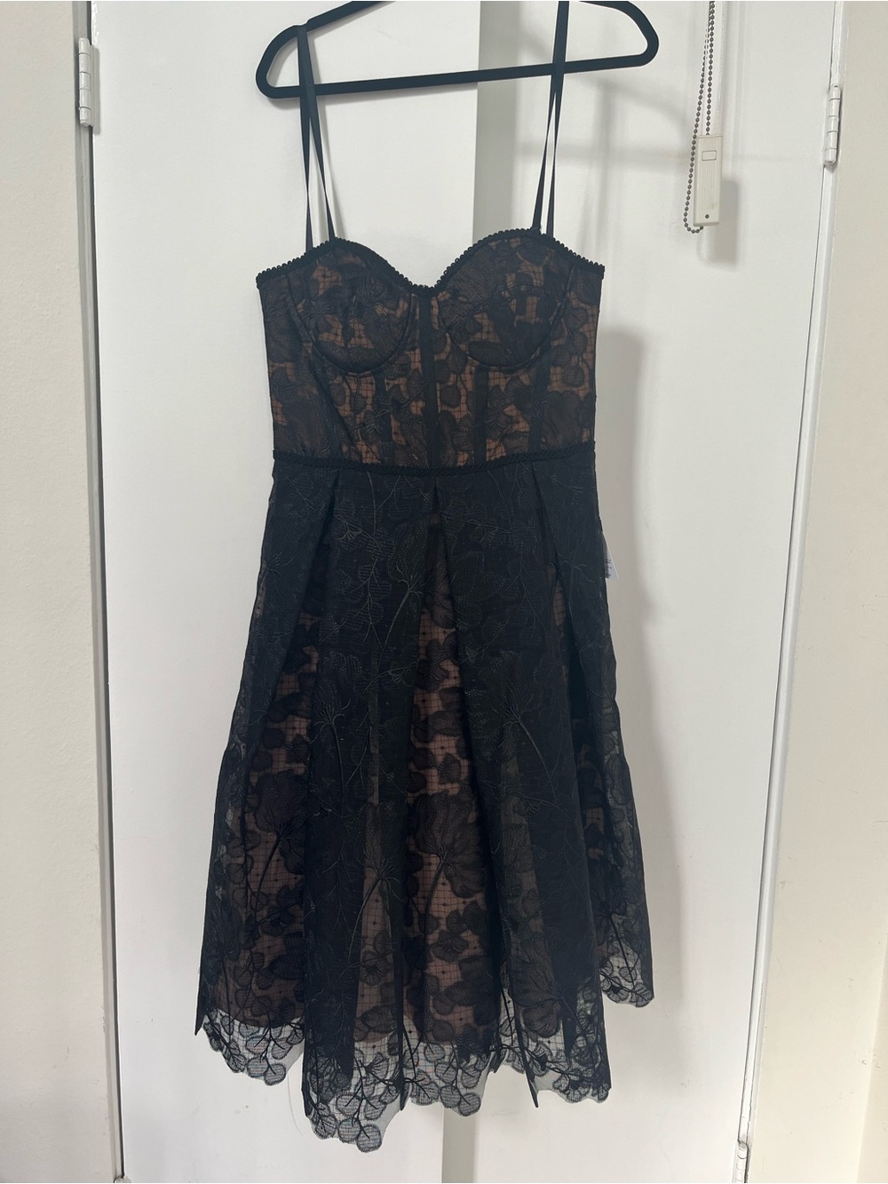 NADINE MERABI Black Lace Midi Dress with Nude Underlay